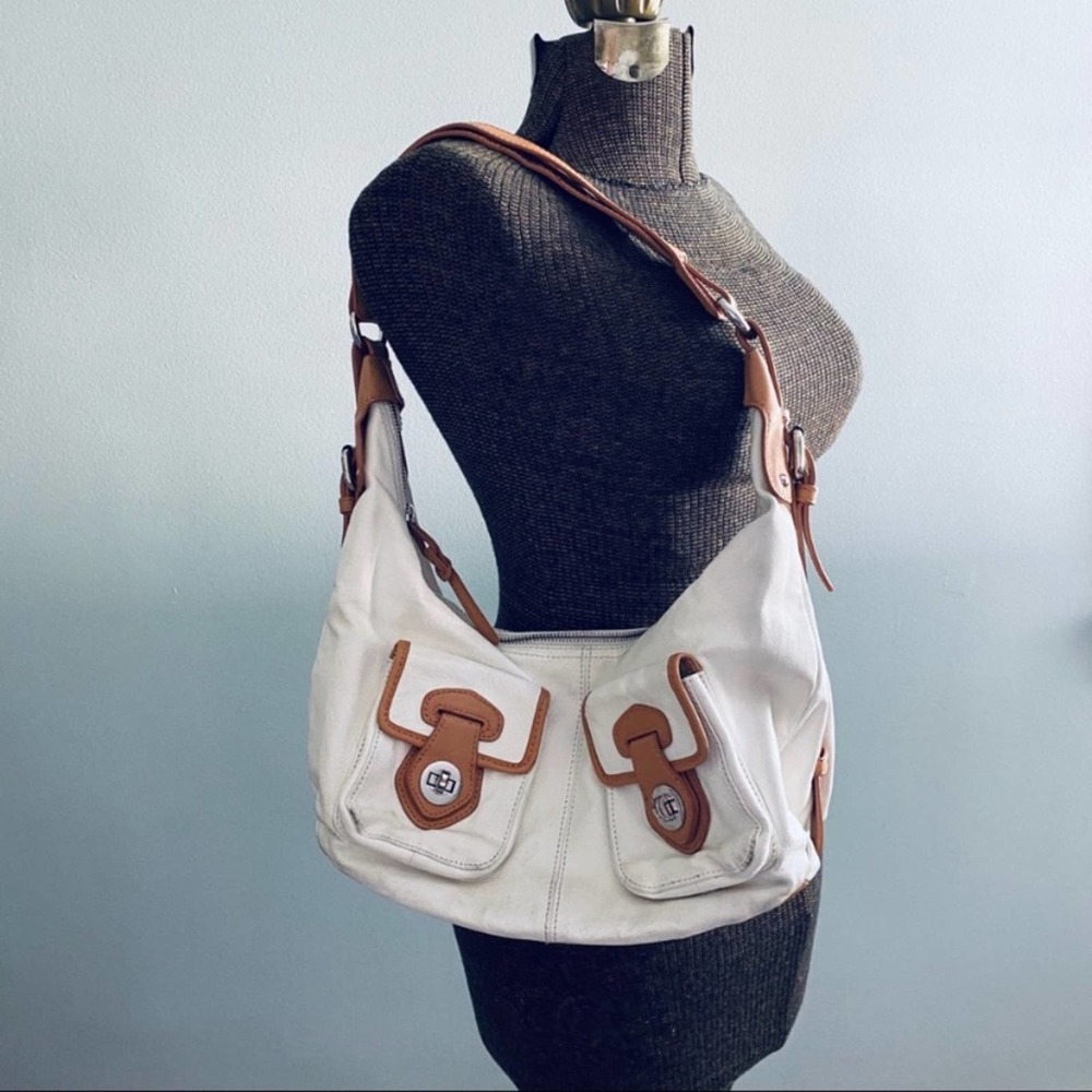 Danier white and tan leather hobo